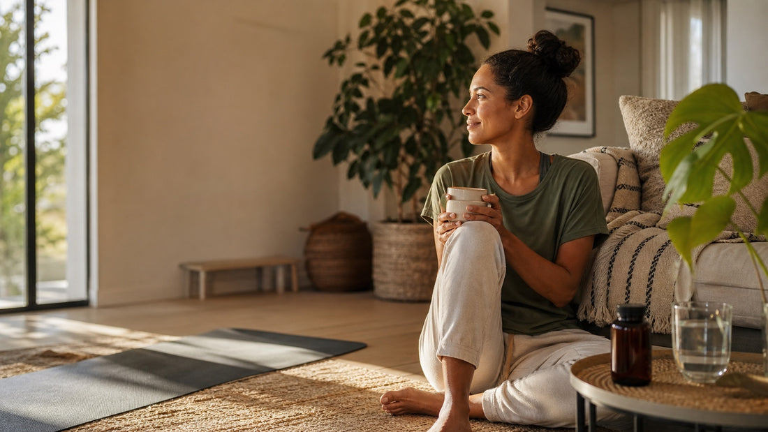 Calm South African living room wind-down routine with tea yoga mat water and an unlabeled supplement bottle