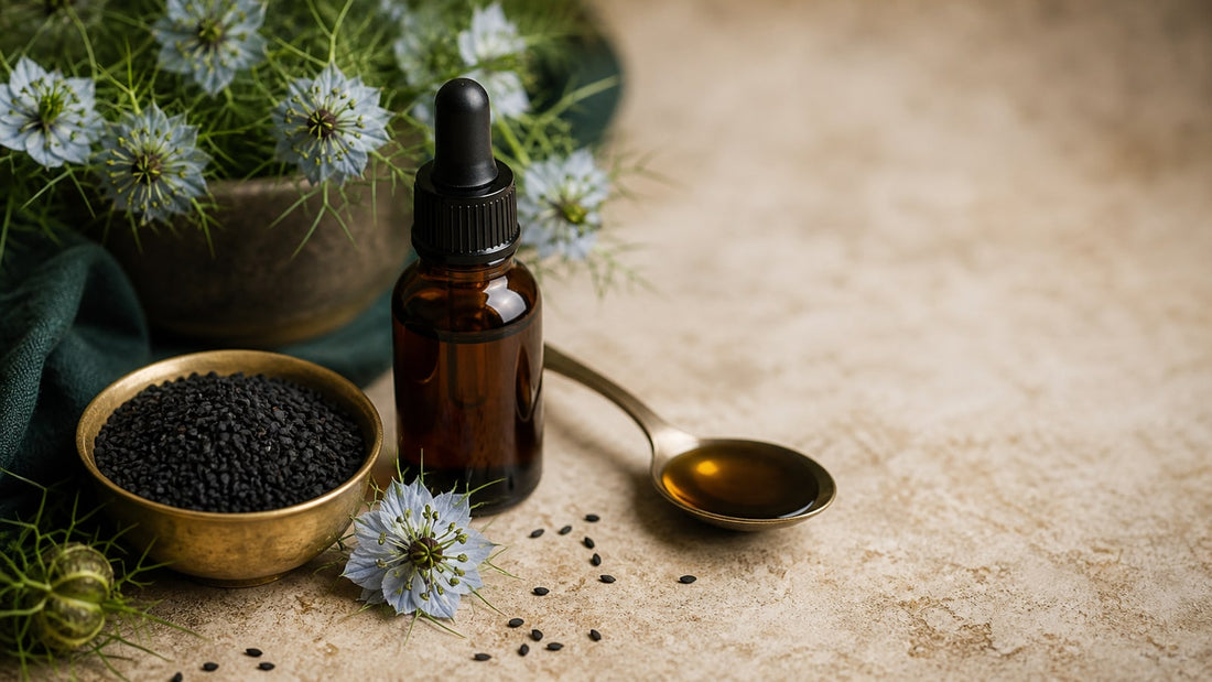 Black seed oil, black cumin seeds and nigella flowers in a dark botanical apothecary setting