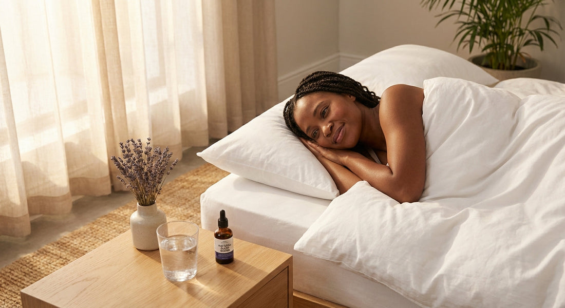 Selection of natural sleep supplement bottles and herbal tea on a bedside table at night