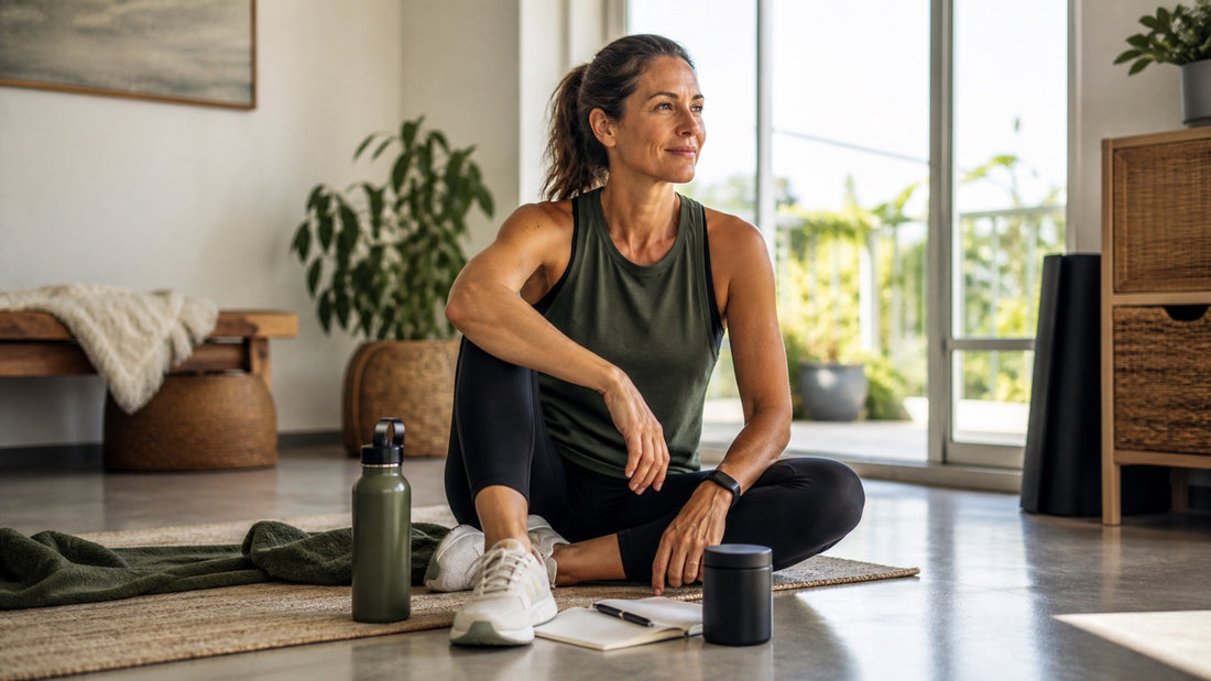 Woman over 40 preparing for a light strength session with water and wellness notes in a bright home studio