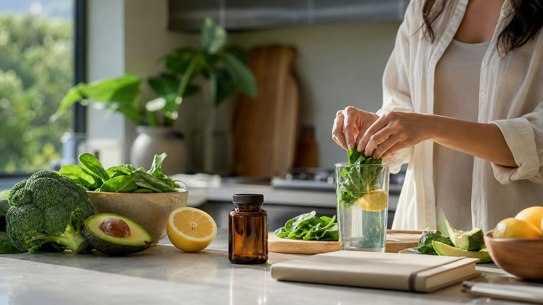 Bright South African kitchen wellness routine with leafy greens avocado citrus water and an unlabeled supplement bottle
