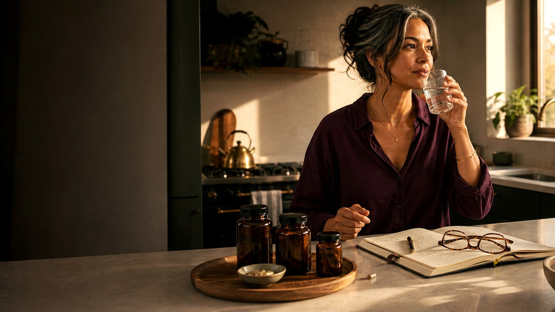 Woman in her forties in a calm studio morning wellness routine