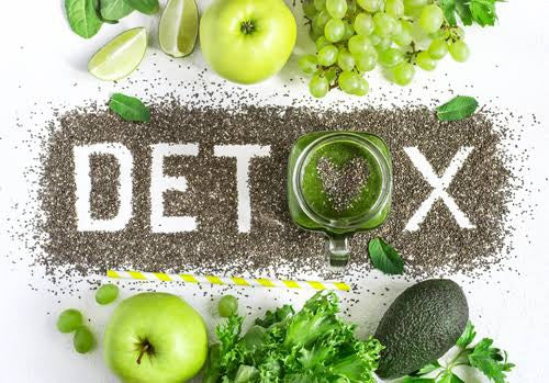 Fresh herbal ingredients and wellness supplements arranged on a clean surface for a body detox routine