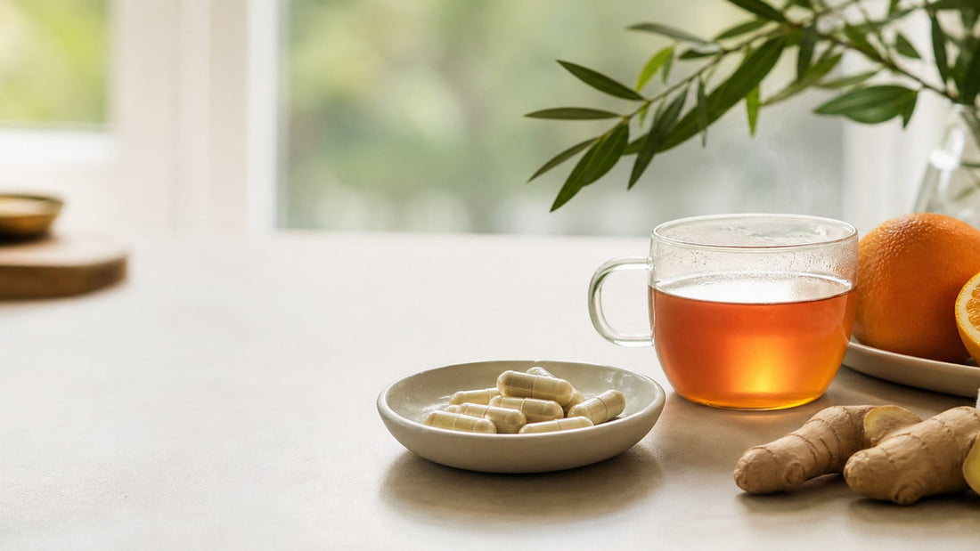 Immunadue support routine with rooibos tea, citrus, ginger and neutral capsules on a bright apothecary counter