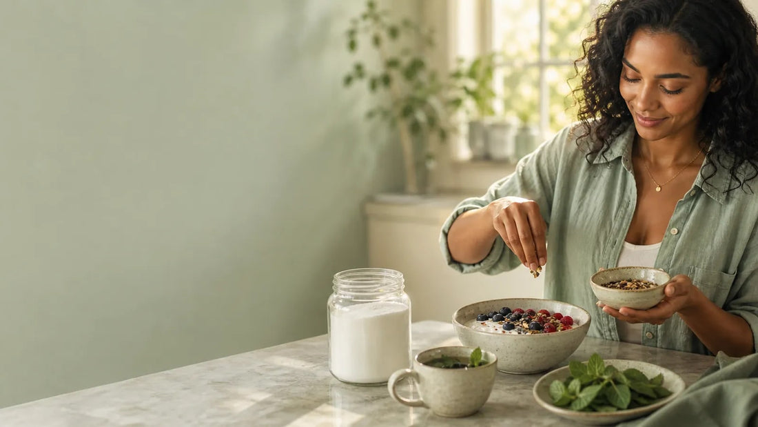 PCOS support routine with inositol sachets and a women's wellness journal