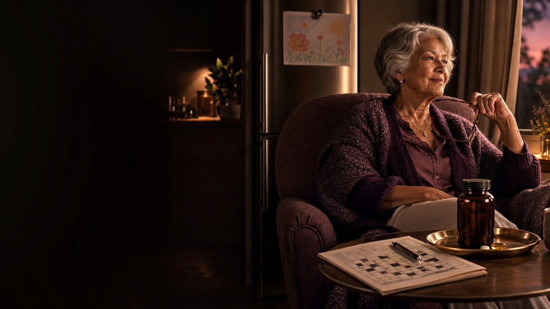 Older woman with tea and a careful fewer-better supplement routine