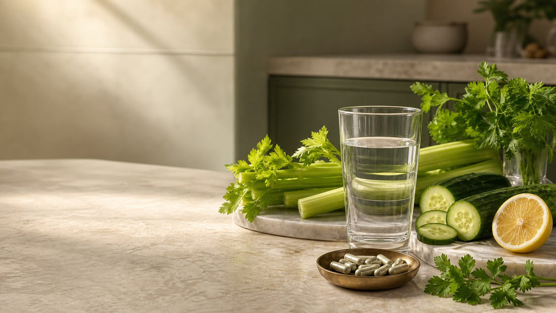 Daily uric-acid support routine with water, celery, cucumber, lemon and neutral capsules