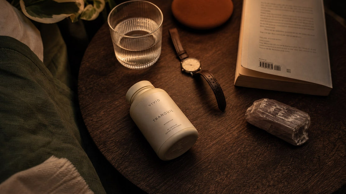 Magnesium supplement routine on a calm evening bedside setting
