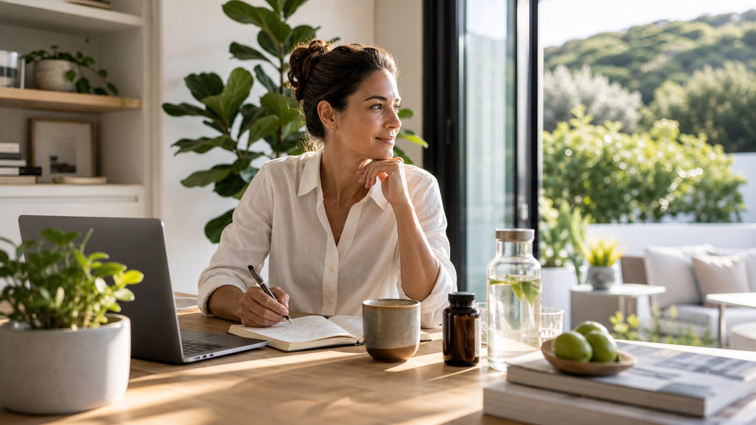 Health-conscious adult planning the day with water and wellness supplements in natural morning light