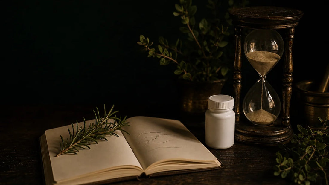 Longevity planning scene with an hourglass, notebook and supplement bottle
