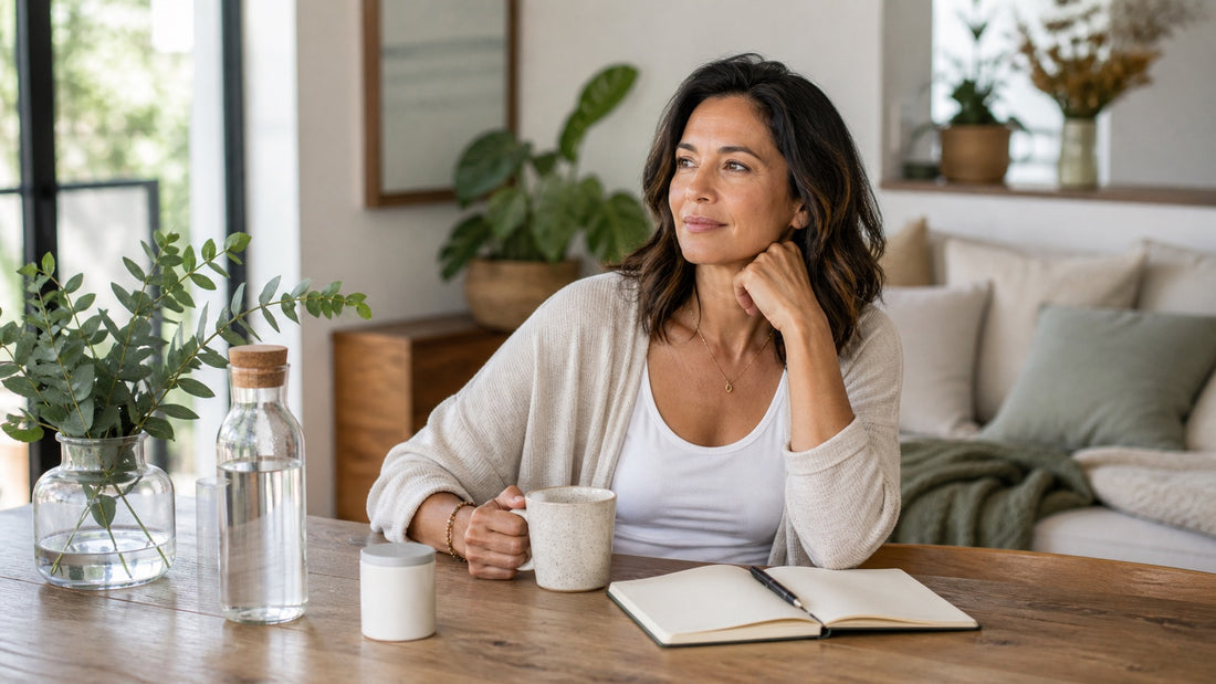 Woman in her 40s with tea, water, journal and wellness supplements in a calm bright home setting