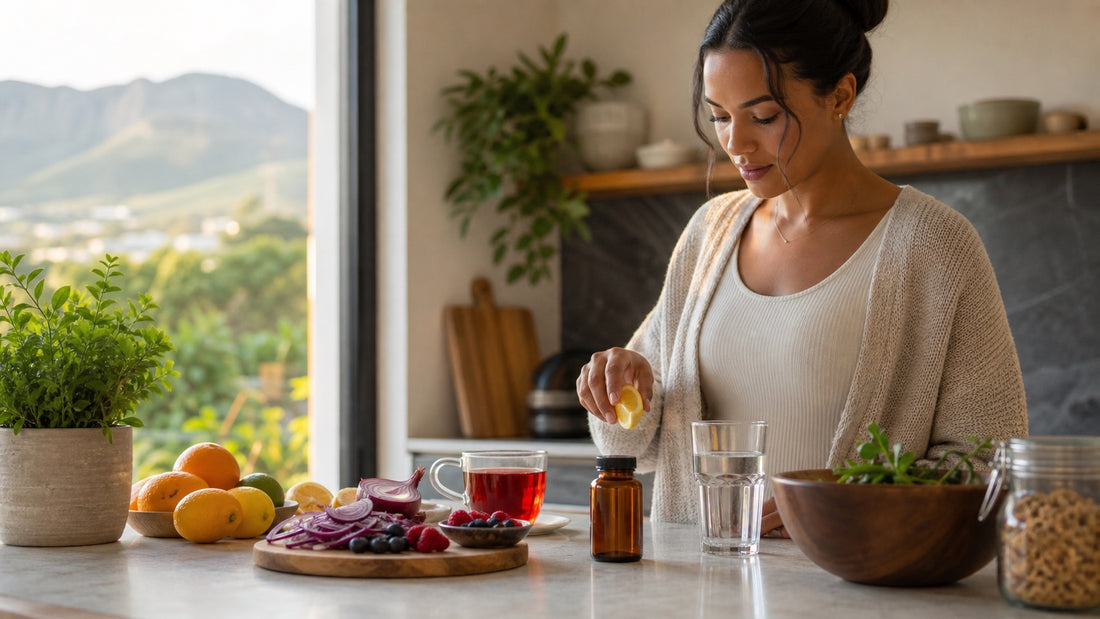 South African home kitchen wellness routine with citrus berries red onion rooibos tea water and an unlabeled supplement bottle