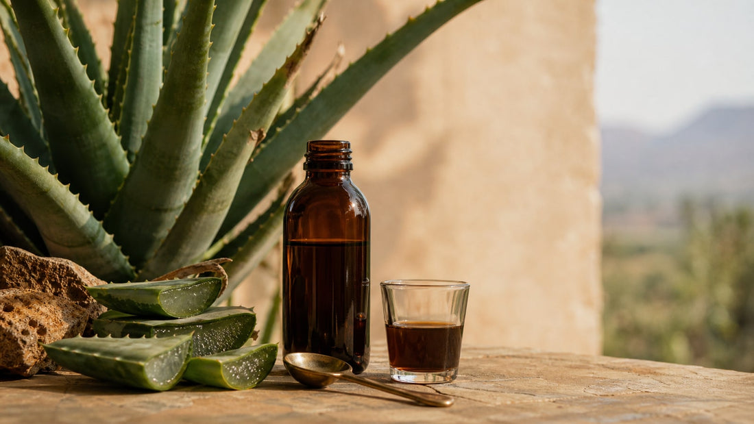 Aloe ferox tonic with cut aloe leaves and a measuring spoon on a warm South African apothecary counter
