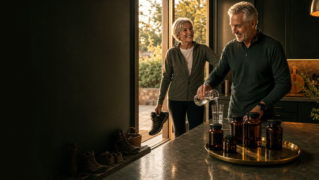 Active older couple moving independently through a warm home ritual