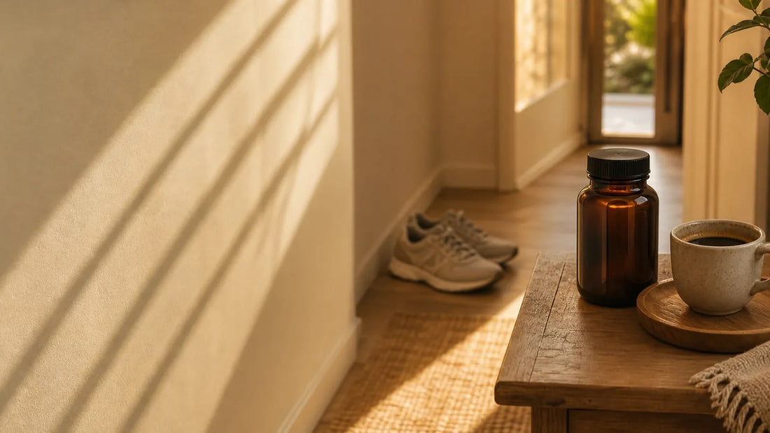 Morning and evening supplement timing routine arranged across a single day