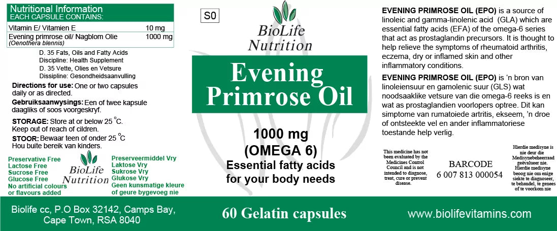 BIOLIFE NUTRITION - Evening Primrose Oil (EPO) 1000mg – 60 Capsules | One Life Health