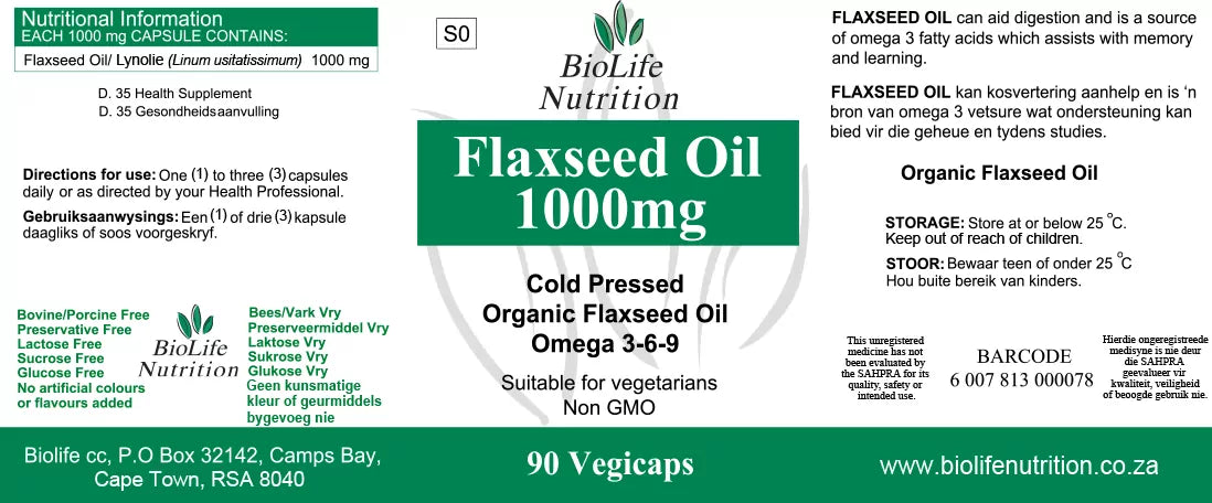 BIOLIFE NUTRITION - Organic Flaxseed Oil 1000mg - 90 Vegicaps | One Life Health