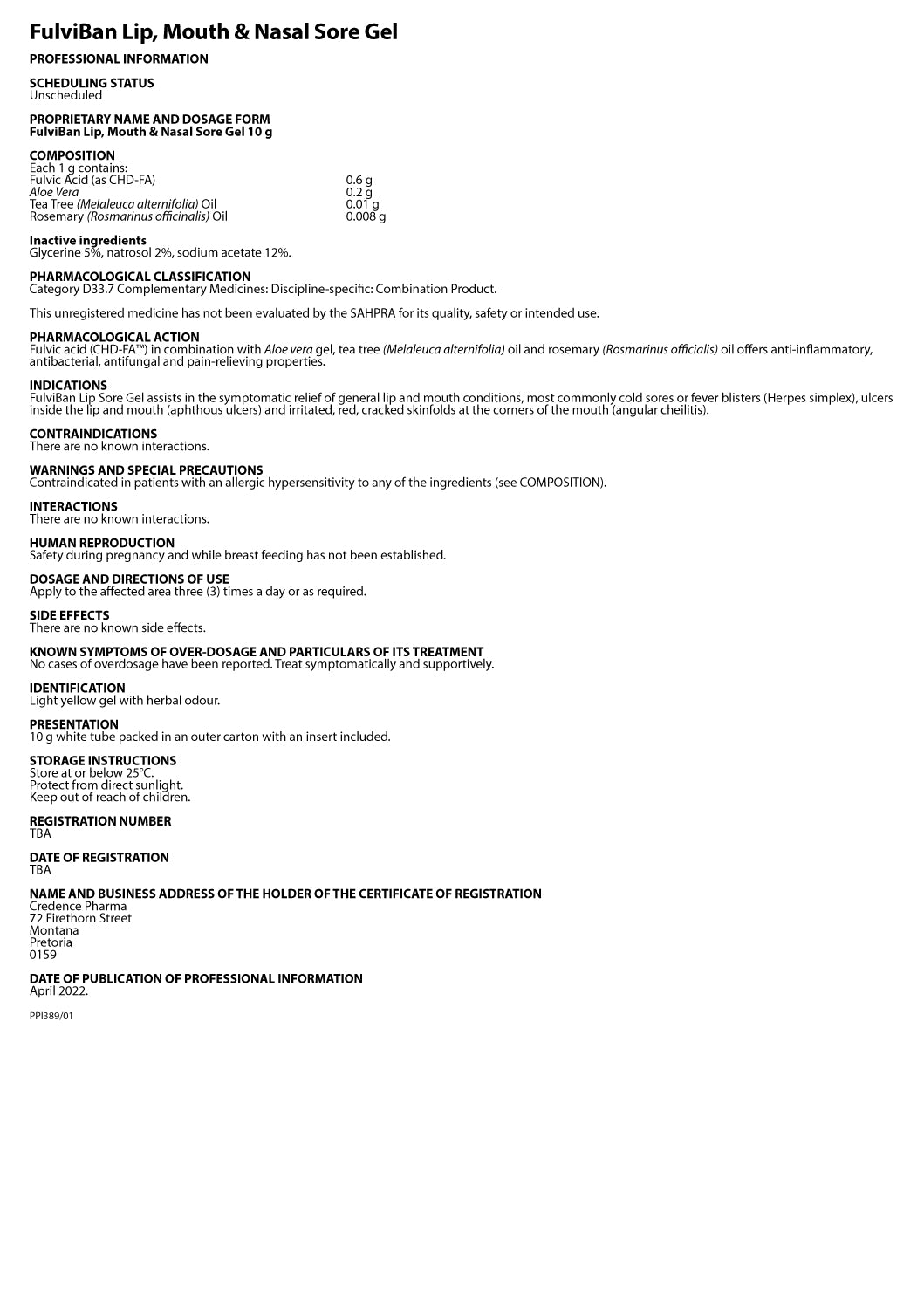 CREDENCE PHARMA - FulviBan Lip, Mouth & Nasal Sore Gel - 10g | One Life Health