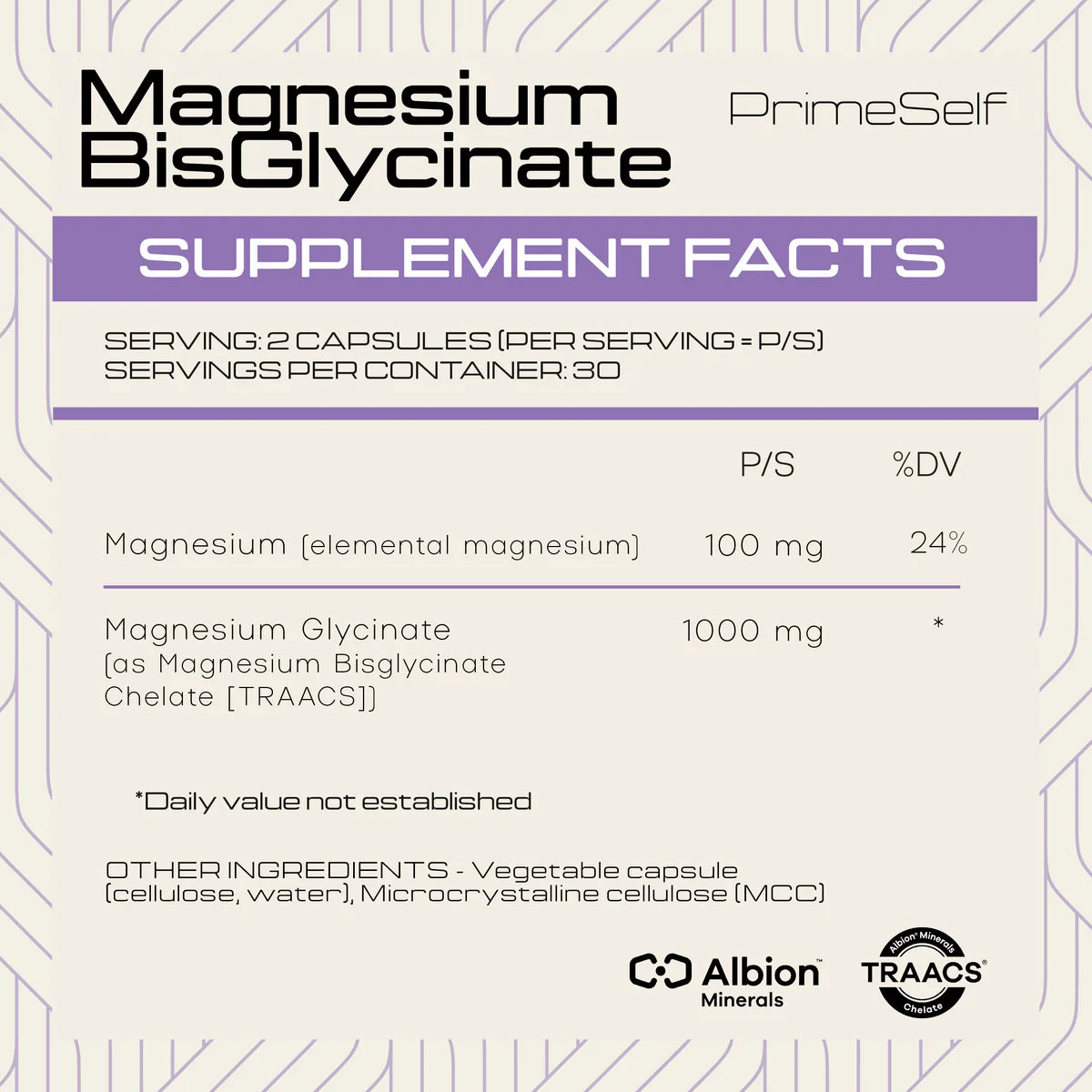 PRIMESELF - Magnesium BisGlycinate - 60 Veg Capsules