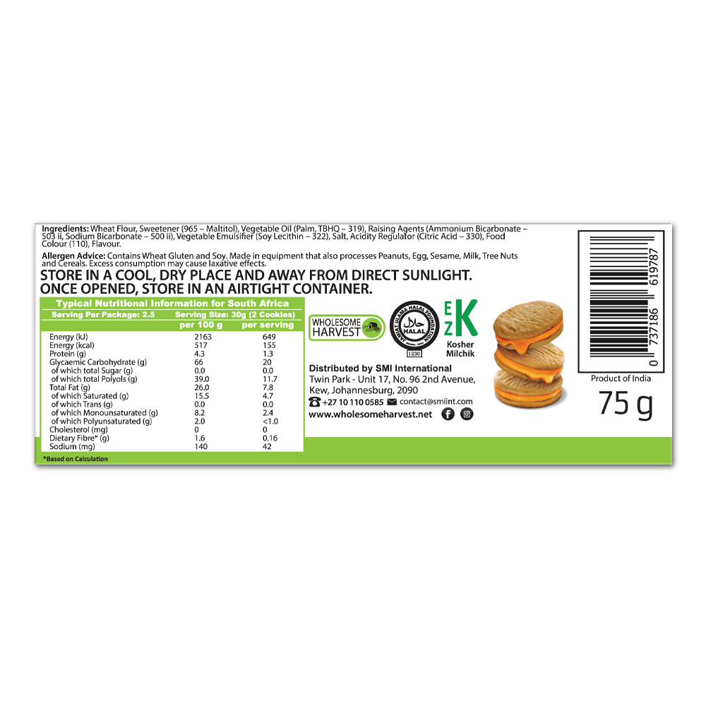 WHOLESOME HARVEST - Orange Cream Cookies No Sugar Added - 75g | One Life Health