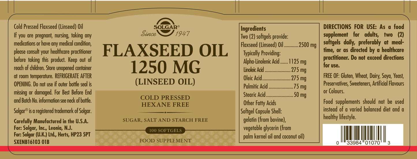 SOLGAR - Flaxseed Oil 1250 mg - 100 Softgels | One Life Health