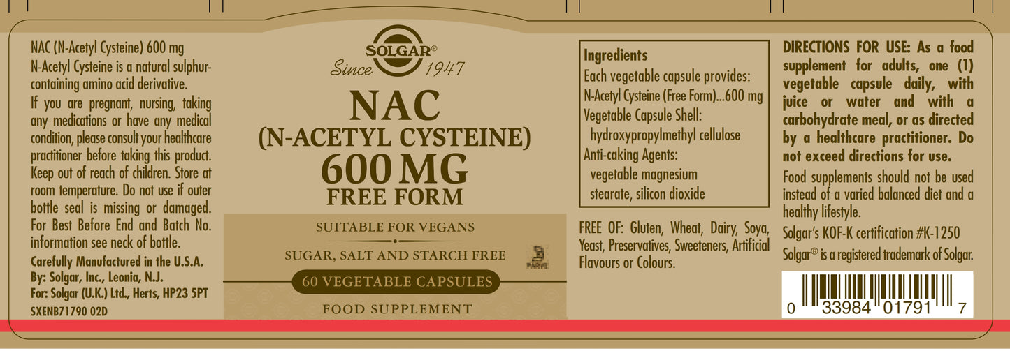 SOLGAR - NAC (N-Acetyl Cysteine) 600mg – 60 Vegetable Capsules | One Life Health