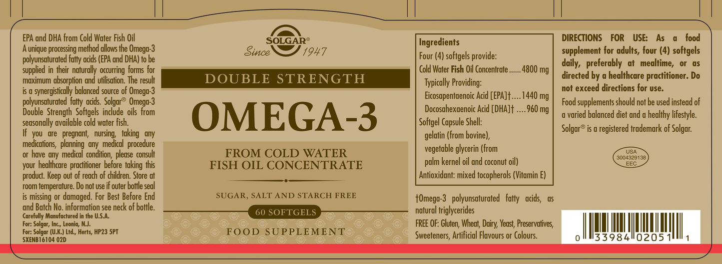 SOLGAR - Omega-3 Double Strength – 60 Softgels | One Life Health