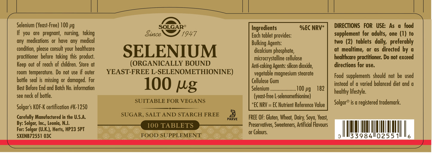 SOLGAR - Selenium 100 µg – 100 Tablets (Yeast Free) | One Life Health