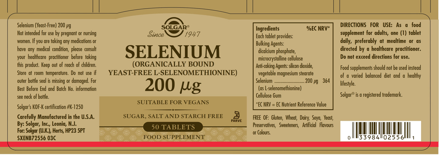 SOLGAR - Selenium 200 µg – 50 Tablets (Yeast Free) | One Life Health