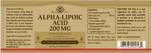 SOLGAR - Alpha-Lipoic Acid 200 mg – 50 Vegetable Capsules | One Life Health