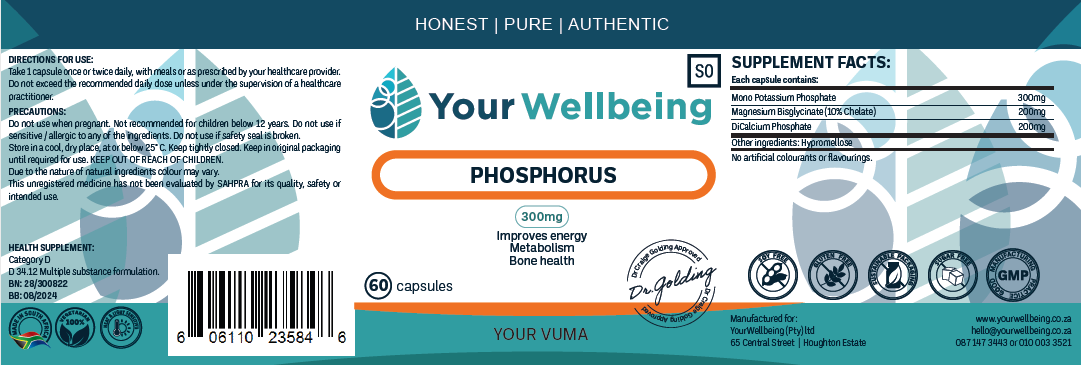 YOUR WELLBEING - Phosphorus Mineral 60 Capsules | One Life Health