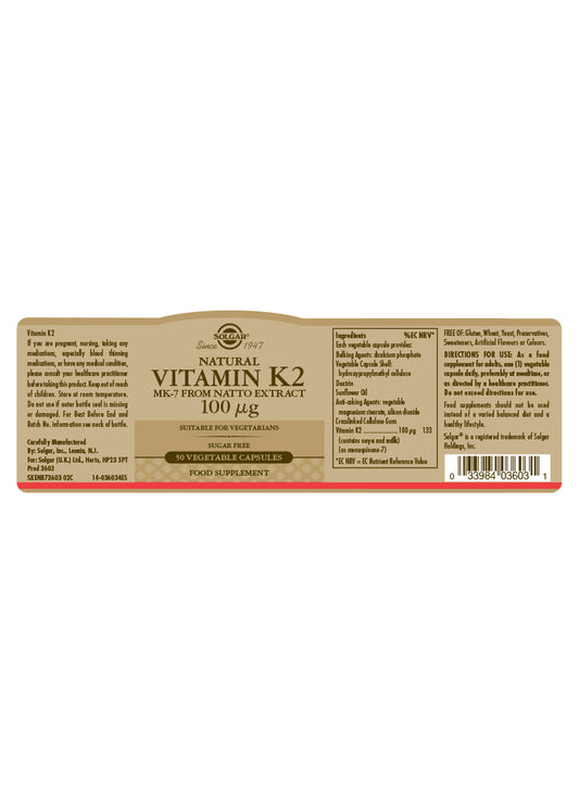 SOLGAR - Vitamin K2 100 µg - 50 Vegetable Capsules | One Life Health