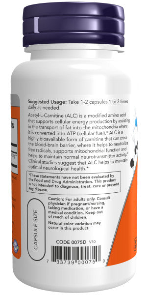 NOW® - Acetyl-L-Carnitine 500 mg - 50 Veg Capsules | One Life Health