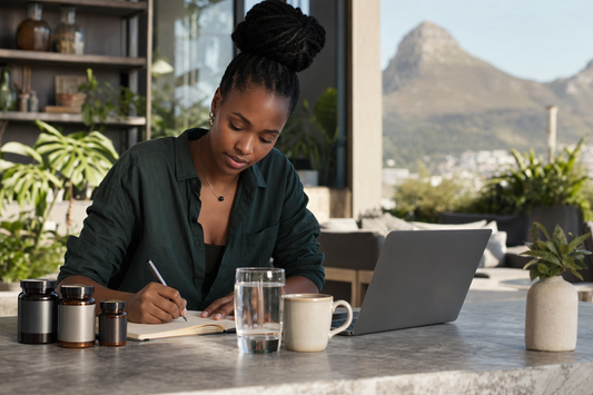 South African professional working in natural light with coffee, water, and premium brain support supplements on a clean desk