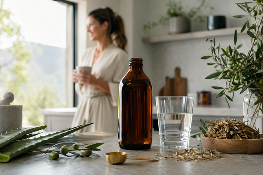 Premium herbal tonic bottle with natural botanicals in a bright South African wellness setting