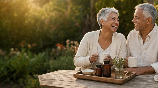 A healthy older couple reviewing a practical everyday supplement routine outdoors