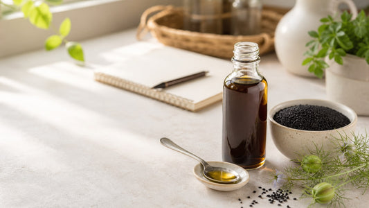 Black seed oil, black cumin seeds and a buying-research notebook on a bright apothecary counter