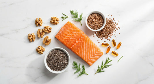 Omega-3 fish oil supplement capsules alongside fresh fish on a wooden surface