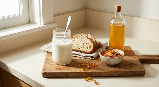 Selection of gut health supplements including probiotics and digestive enzymes on a clean white surface