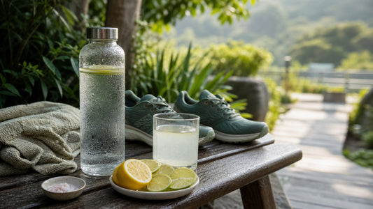 Hydration and electrolyte routine with water, citrus, mineral salt and running shoes after exercise