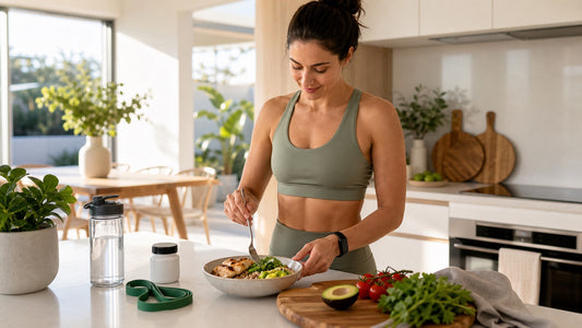 Active woman preparing a protein-rich meal with water and a resistance band in a bright kitchen
