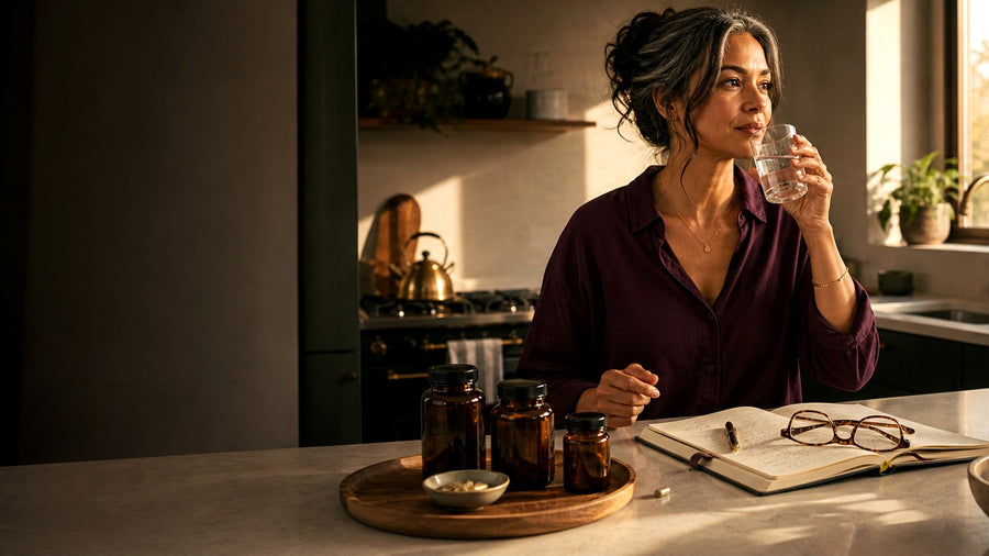 Woman in her forties in a calm studio morning wellness routine