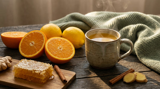 Cozy winter wellness flat-lay with oranges, lemons, ginger tea, honey, and a knitted throw