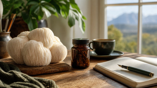Lion's mane mushrooms with a neutral supplement jar, notebook and tea in a calm focus setting