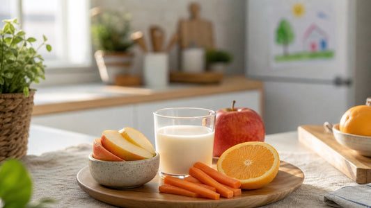 Bright South African kitchen counter with healthy snacks for children including apples, carrots and milk.