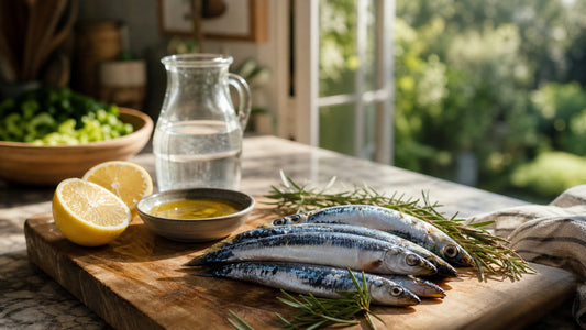 Sunlit South African kitchen counter with fresh sardines, lemon and herbs representing dietary omega-3 sources.
