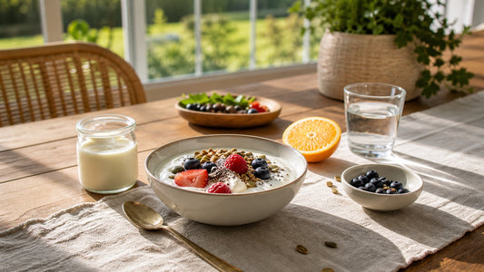 South African breakfast table with yoghurt, kefir, berries and seeds representing gut-friendly foods.