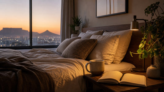 Calm South African bedroom at dusk with warm lamp light and herbal tea, illustrating an evening wind-down routine.