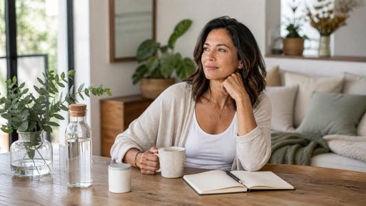 Woman in her 40s with tea, water, journal and wellness supplements in a calm bright home setting