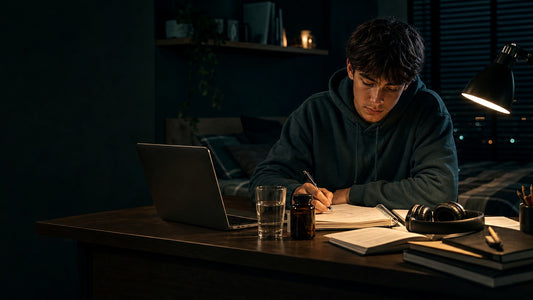 Teen studying at night with a calm focus and skin support routine